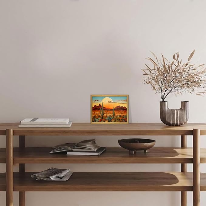 Framed Western Desert Sunset Cactus Wall Art, Vintage Southwest Nature Landscape Canvas Print, Rustic Wall Decor Picture, Boho Mexican Oil Painting for Living Room Bedroom Office bathroom 8x10 Inch