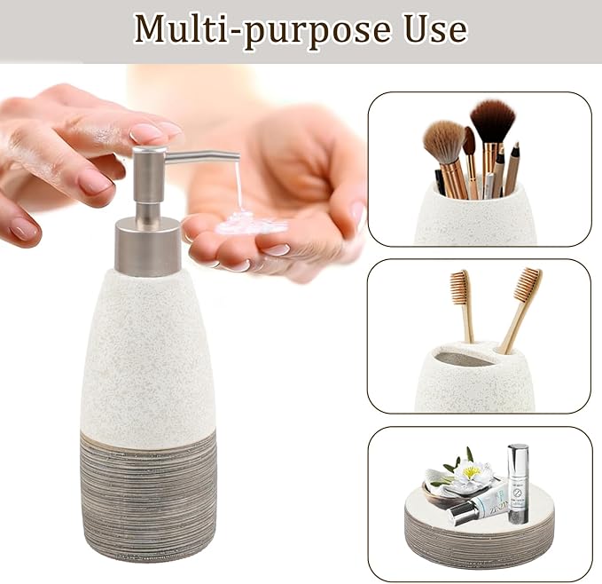 CERBIOR Bathroom Accessories Set,4 PCS Ceramic Bath Accessory,Grey White | Includes Toothbrush Holder, Toothbrush Cup, Soap Dish for Decorative Countertop and Housewarming Gift