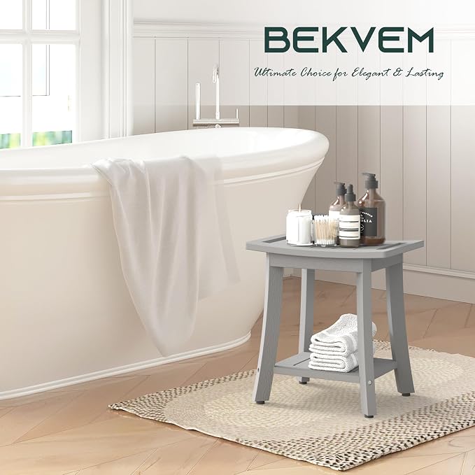 Waterproof HIPS Shower Bench for Inside Shower, Shower Stool, Grey | Ergonomic design, For seating and leg shaving, Wood-Look texture, Easy care, Storage shelf, Non-slip leveling feet, 350 lb