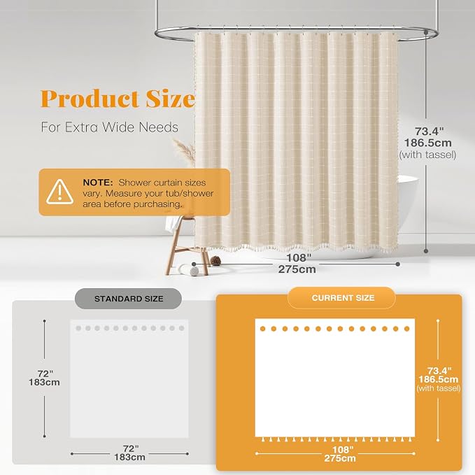 108x72 Boho Farmhouse Linen Heavy Duty Shower Curtain Set, Cream/Beige | Extra Wide Size, 330GSM Linen Blend, 3-side Tassels, Waterproof Fabric, 18 Plastic Hooks, Rustic Bohemian, Machine Washable