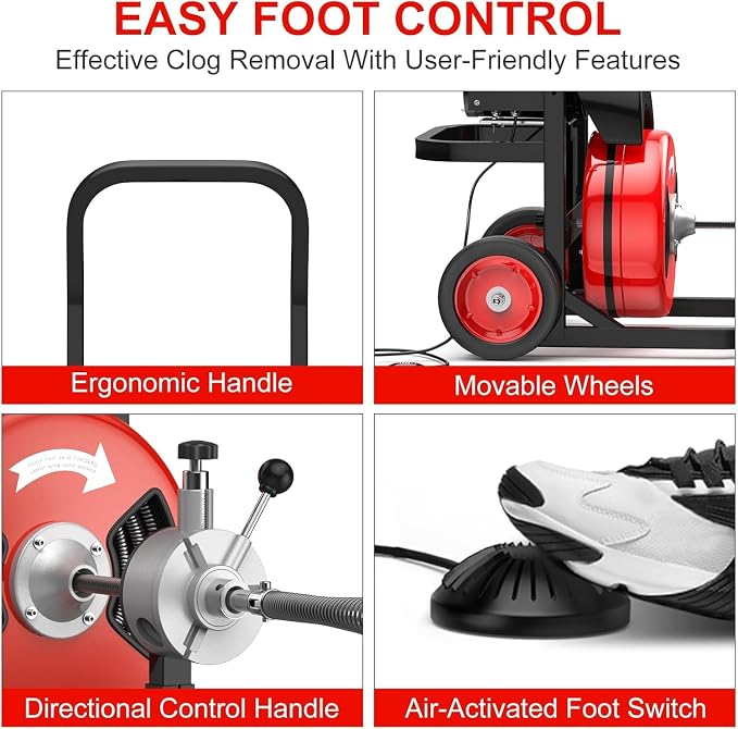 100Ft 3/4 Inch Drain Cleaning Machine. Sewer Snake 750w Auto Feed | Portable Drain Cleaning Machine Electric Drain Auger Sewer Auger with 6 Cutter Air-Activated Foot Switch for 4" to 8" Pipes