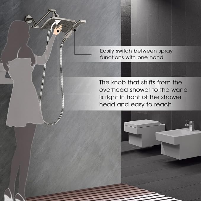 BRIGHT SHOWERS High Pressure Shower Head Combo with Two Spray Setting Fixed Shower Head and Two Spray Settings Handheld Shower Head with Grey Face, Brushed Nickel