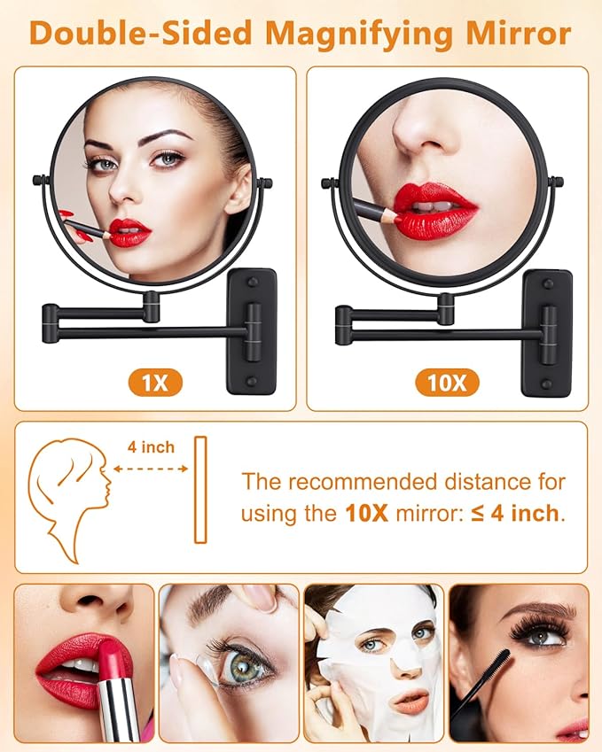 Wall Mounted Makeup Mirror - 1X/10X Magnifying Mirror for Wall, 8 Inch Double Sided 360° Swivel Extendable Bathroom Mirror for Shaving, Black
