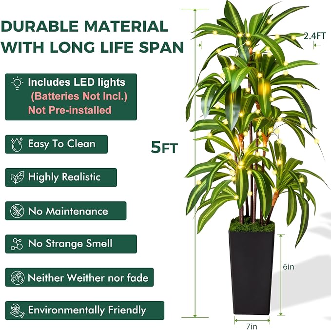 Artificial Dracaena Tree 5FT, Fake Plants with Black Tall Planter - Fake Tree Tall Faux Plants Indoor Floor Plant with Moss - Artificial Plants Indoor for Office Living Room Home Decor