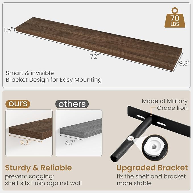 Fun Memories 72 Inch Long Floating Shelves for Wall, 72x9.3 Large Floating Shelf for Bedroom, Kitchen, Bathroom, Wall Mounted Rustic Wood Shelves with Invisible Bracket for Books, Decor, Walnut