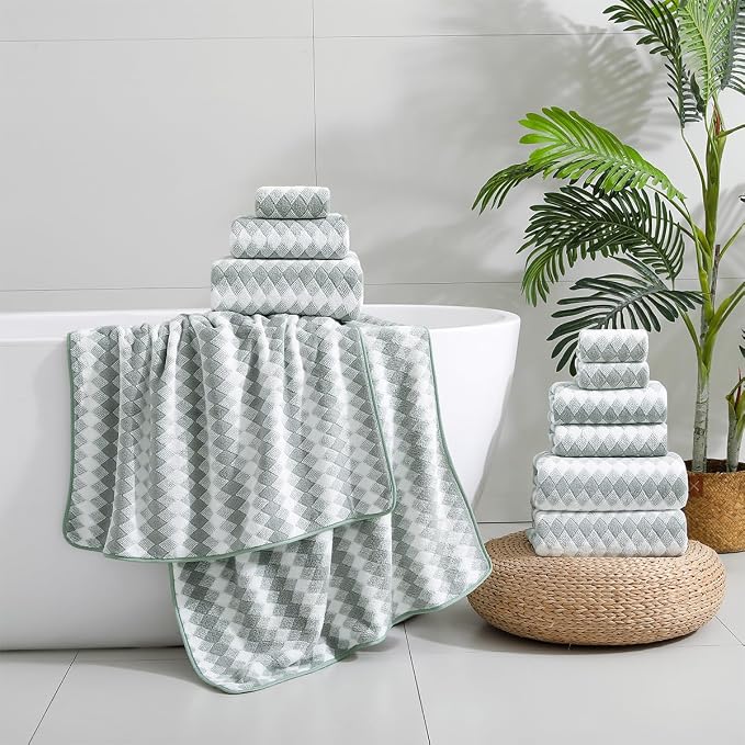12 Pcs Green White Diamond Towel Set-4 Bath Towels,4 Hand Towels,4 Washcloths Soft Polyester Towels with Loop Absorbent Shower Towel Quick Dry Beach Chair Towel Family Towels for Bathroom Spa Gym Pool