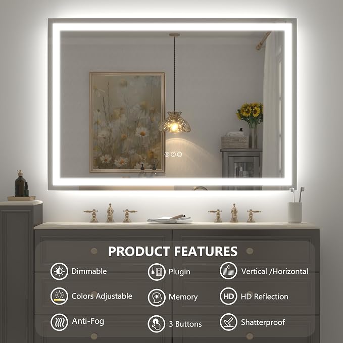 55x40 inch LED Mirror for Bathroom with Front Lights + Backlit | Lighted Vanity Mirror for Wall, Dimmable, Anti-Fog, Shatter-Proof, ETL Listed , Hangs Horizontally or Vertically