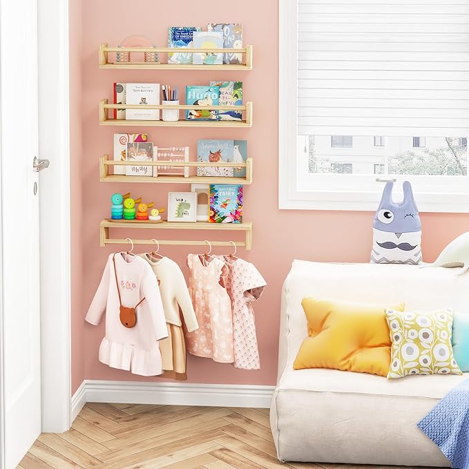 Fixwal Floating Nursery Book Shelves for Wall, 23.6in Set of 4 Natural Wood | Solid wood shelves store kids' books, toys and clothing. Fits kids' room, playroom, nursery, living room, bedroom & bathroom.