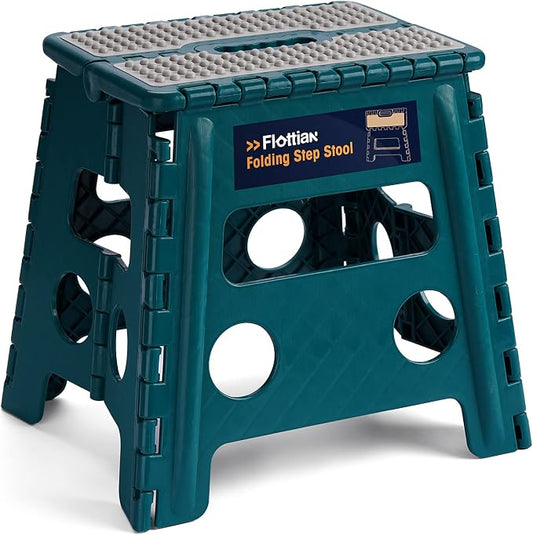 Flottian 13" Folding Step Stool for Adults and Kids Holds Up to 300 lbs,Non-Slip Folding Stools with Handle, Compact Plastic Foldable Step Stool for Bathroom,Bedroom, Kitchen Turquoise Green,1PC