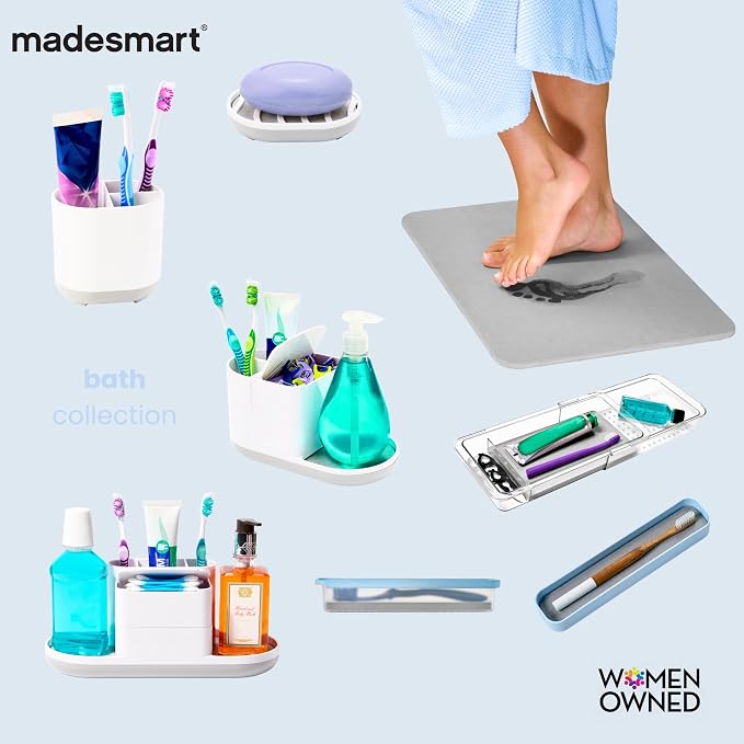 madesmart Bathtub Corner Shelf, Carbon | suction cup base, drainage holes, raised edges, shampoo soap razors, bath accessories, woman owned