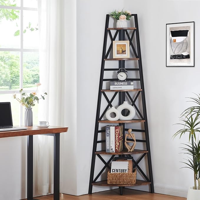 5 Tier Corner Shelf,72 Inch Tall Corner Bookshelf,Rustic Brown | Sturdy Corner shelf Standing,Industrial design,Easy assembly,Suitable for living room,Office,Corner Space