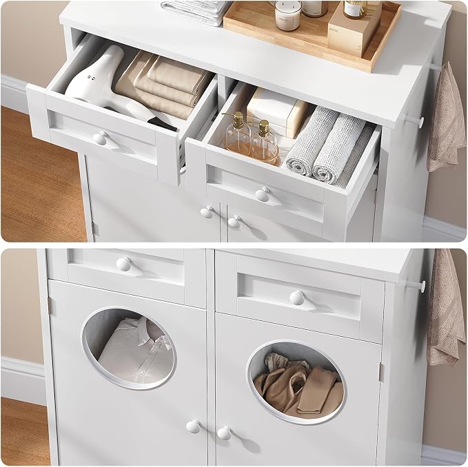 HOOBRO Double Laundry Hamper Cabinet, Hidden Laundry Cabinet with 2 Drawers & 2 Baskets, 20 Gallon Farmhouse Bathroom Laundry Hamper with 2 Clothes-Toss Holes, White WT36XY01