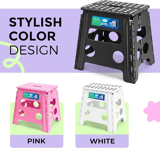 Dyforce Folding Step Stool 13 Inch,300lbs Foldable Stool for Adults & Kids | Stepping Stool Black,Non-Slip Plastic Compact Foot Stool with Carry Handle,Lightweight for Bathroom Kitchen Bedroom Garden