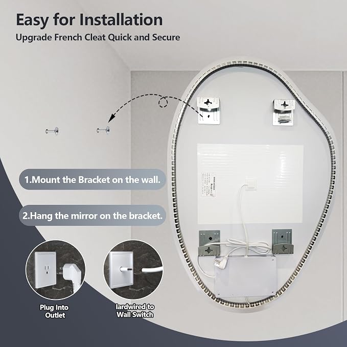 Irregular LED Bathroom Mirror 32 x 22 inch, Frameless Backlit Mirror with Lights Vanity Mirrors for Wall, Asymmetrical Anit-Fog, 3 Color Dimmable, Memory, Horizontal/Vertical