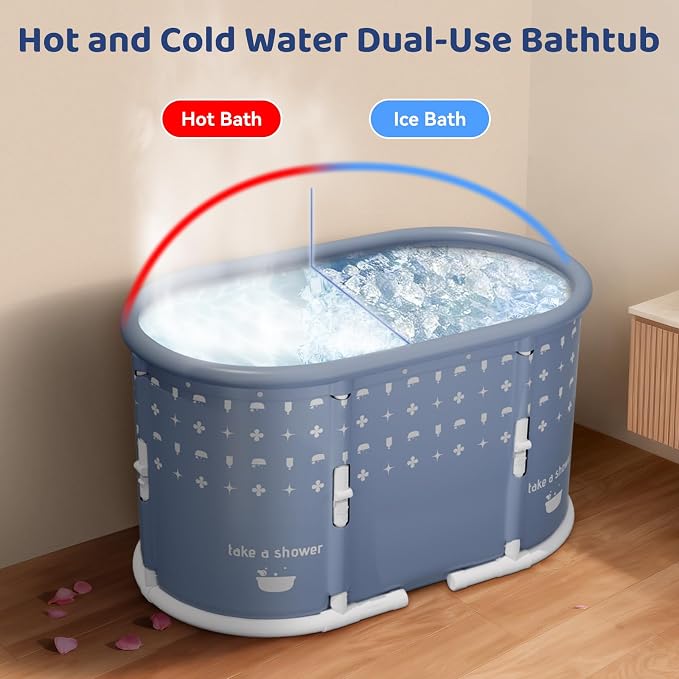 Portable Bathtub, Foldable Bathtub 37.4x21.6x21.6in, White Brown Stripes) | Inflatable Bathtub Free Standing Tub with 2 Drain Ports, Space Saving, Hot Tub, Ice Bath Tub, Indoor Outdoor