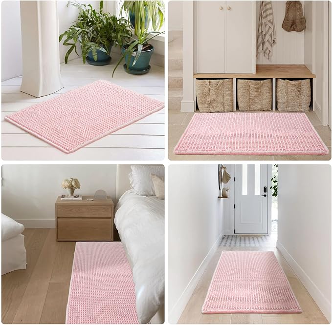 TYUU Light Peachy Pink Bathroom Rugs, Waffle Bath Mat Non Slip Washable Quick Dry Cute Bath Mat Boho Farmhouse Bathroom Decor, 48"x24" Light Peachy Pink