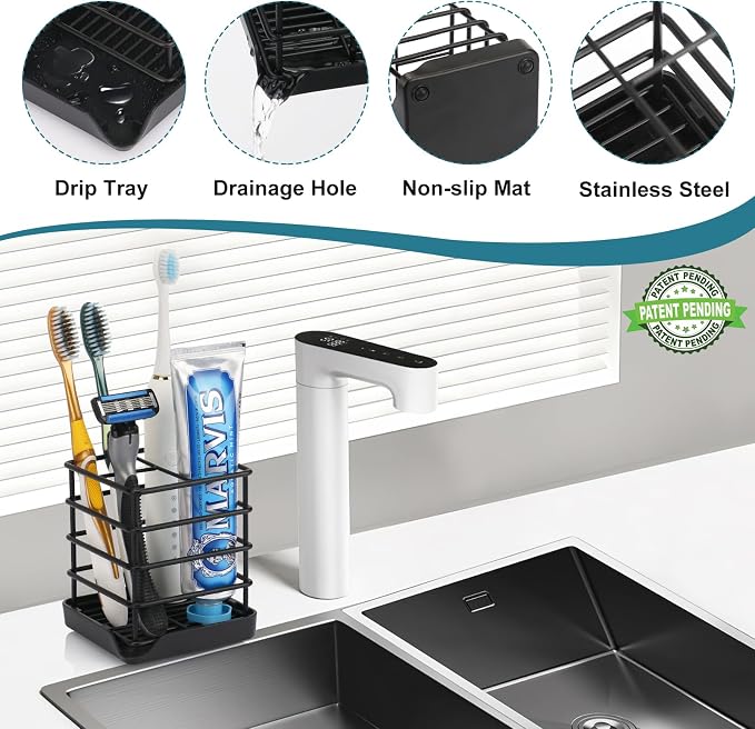 Toothbrush Holders for Bathroom,Black,Stainless Steel,Detachable,Tray,3 Slot