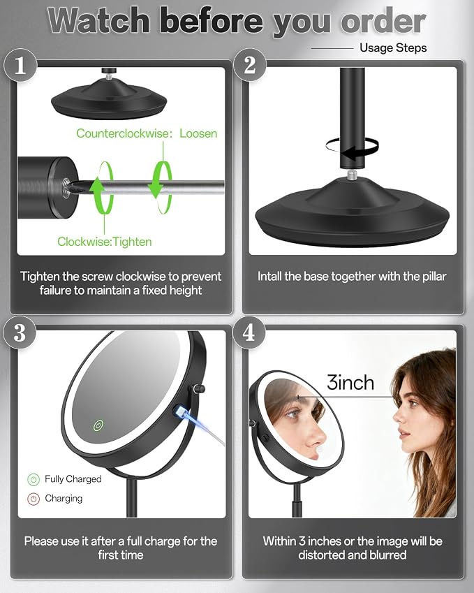 VFD 8'' 30X/1X Magnifying Makeup Mirror with Lights Height Adjustable | Lighted Vanity Mirror with 3 Color Adjustable Brightness, 3000mAh Rechargeable Double Sided Switch for Desk Women Gift