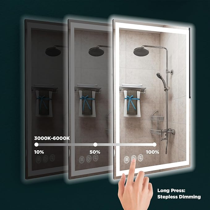 32" x 24" LED Bathroom Mirror with Lights, Memory Vanity Mirror | Anti-Fog, 3 Color Modes, Dimmable, Front Lit, Memory Function, Tempered Glass, Lighted Bathroom Mirror for Wall