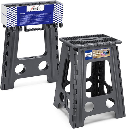 ACKO 17.5" Folding Step Stool, 400 lbs Capacity with Safety Lock, Dot Gray | Portable Foldable Stools with Handle, Heavy Duty Collapsible Non-Slip Foot Stool for Adults & Kids, Kitchen Bathroom Outdoor