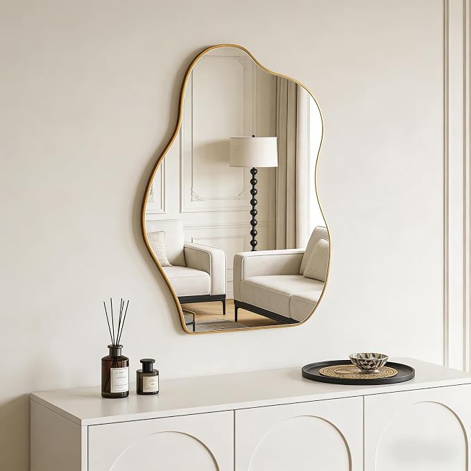 Ruomeng Irregular Wall Mirror Asymmetrical Mirror, Gold Mirror Tempered Glass for Bathroom Living Room Bedroom Entryway, Modern Decorative Wall Decor, Shatterproof, 28" x 20"