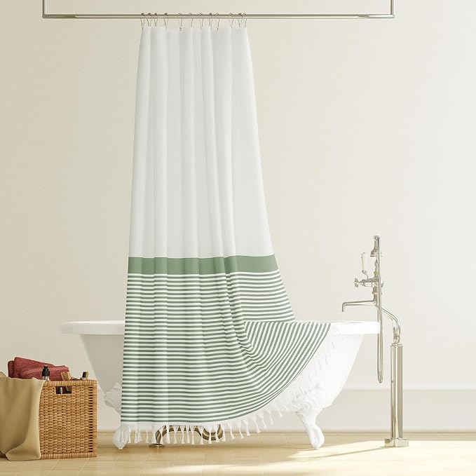Sage Green Fabric Shower Curtain, Farmhouse Boho Striped Tassel Shower Curtain for Bathroom, Bohemian Textured Cloth Shower Curtain Set with Hook, Water Repellent, Wrinkle Free, 72x72