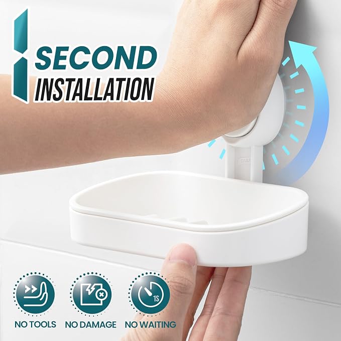 TAILI Soap Holder, Soap Dish for Shower Suction Cup, Bar Soap Holder, White | Removable Soap Holder Shower, Soap Tray for Shower Wall, Drill Free Sponge Holder, Bathroom & Kitchen, No drill