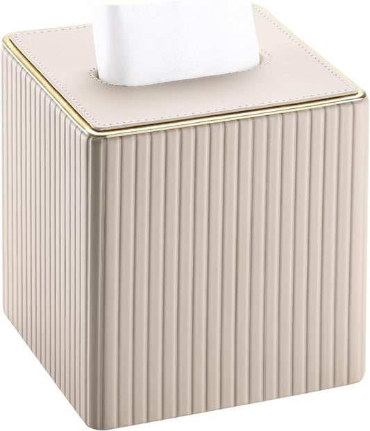 Square Tissue Box Cover, PU Leather Tissue Box Holder for Kleenexs with Magnetic Bottom Cover for Facial Tissues/Napkins, Office & Living Room Decor Box Beige