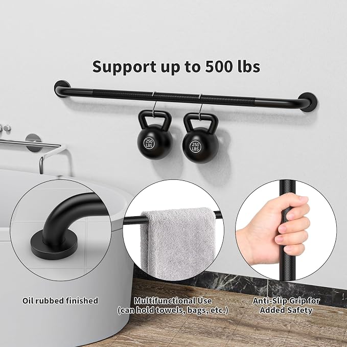 40 Inch Anti Slip Handicap Grab Bars, Munzong Grab Bar for Showers Black | Bathroom Knurled Handicap Balance Bar Safety Hand Rail Support Elderly Senior Assist Bath Handle Handicap