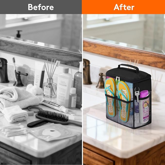 Lifewit Mesh Shower Caddy, Hanging Bathroom Organizer with Slipper pockets | Hanging Hook, Quick Dry, Portable, Toiletry Tote Bag, College Dorm Room Essentials for Beach, Gym, Camping, Travel, Black