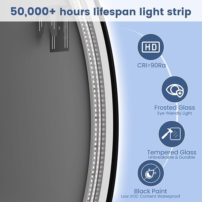 STARLEAD 32" Black Frameless Round LED Bathroom Mirror with Bluetooth Speaker, Dimmable Lighting, 3 Color Modes, Anti-Fog, Touch Control Wall Mounted Vanity Mirror