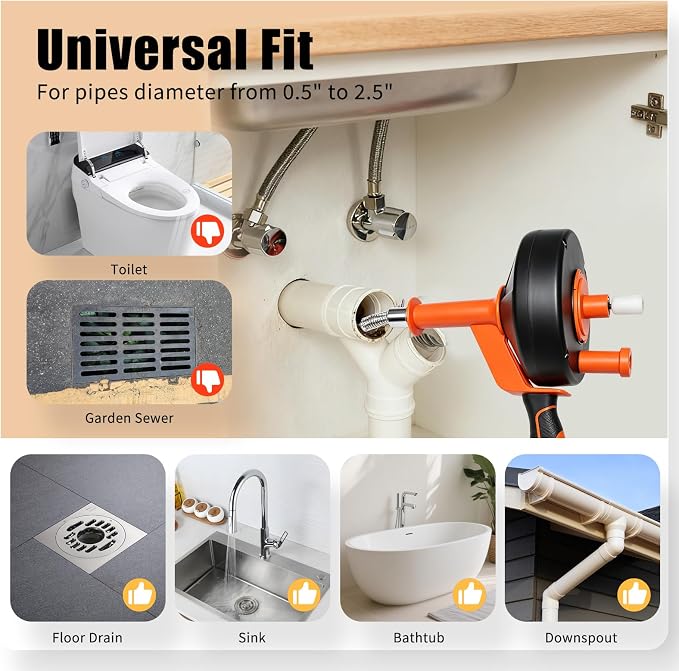 Drain Auger 33FT, Drain Snake with Drill Attachment, Flexible Plumbing Snake Clog Remover, Heavy Duty Manual Drain Cleaner Tool for Kitchen Bathroom Shower Sink, Includes Gloves & Cleaning Brush