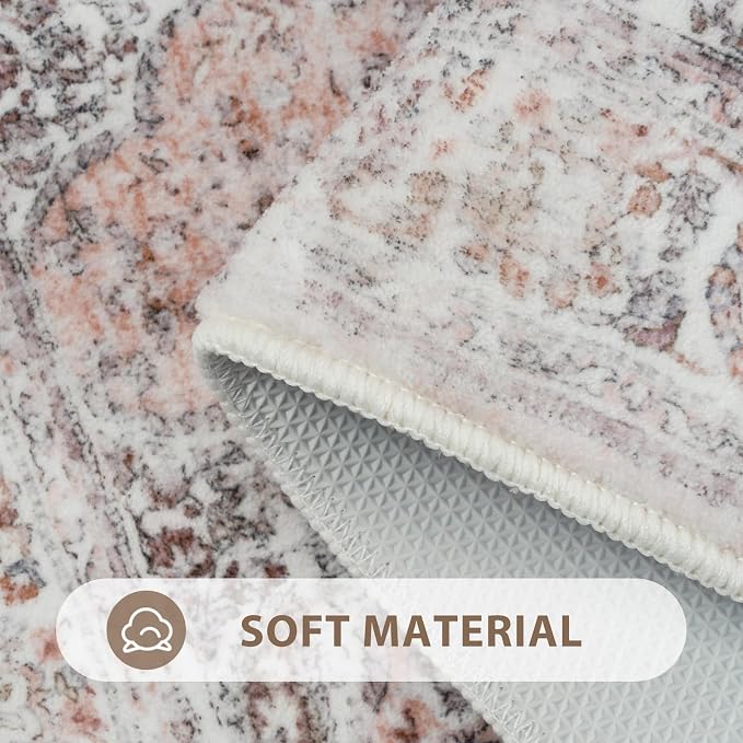 Uphome Boho Bathroom Rugs, Distressed Farmhouse Blush Pink Bath Mat, Comfy Velvet Small Bath Rugs Non Slip Washable, Vintage Oriental Toilet Rug for Sink Shower Vanity, 20x32 inch