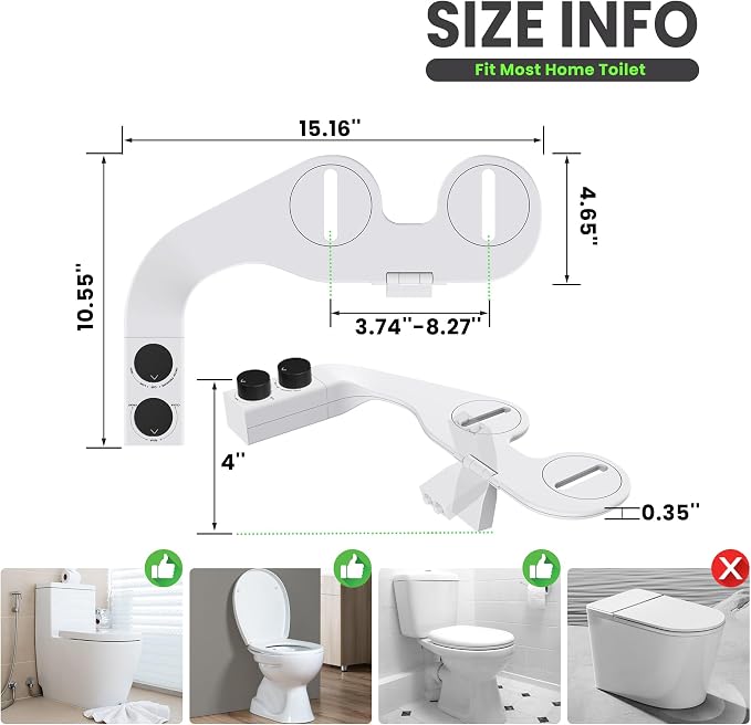 Toilet Bidet With Left/Right Side Reversible Design, Fresh Water, Non-Electric, Toilet Bidet Attachment, Right/Left Hand Side with Dual Nozzle, Self-Clean, Easy to Install (Black Knob)