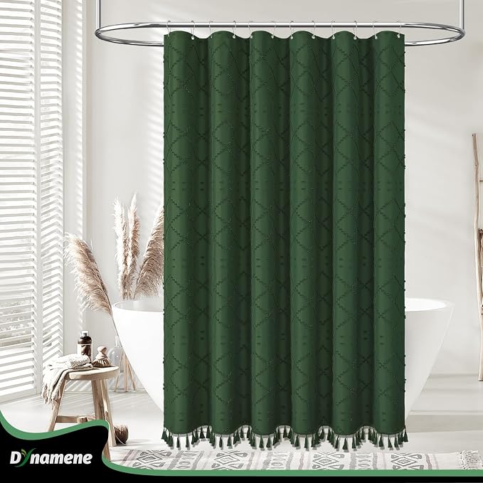Extra Long Boho Shower Curtain Tufted Geometric 72"x96" Dark Green | 96 Inch Tall, Elegant Tassel, Lightweight Textured Fabric, Water Repellent, Washable, Hotel Spa, for Bathroom/Dorm 12 Hooks