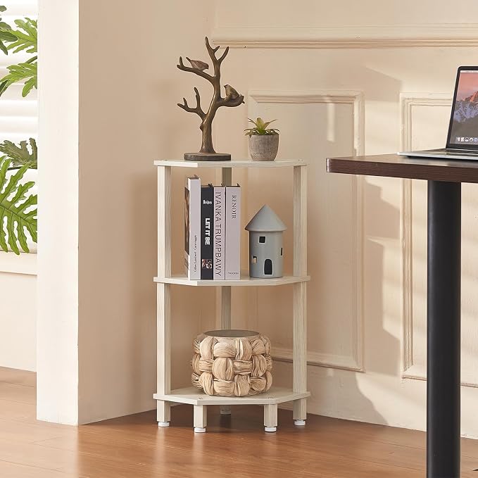 YUFAM 3-Tier Corner Shelf, Grey White | Wooden Small Corner Table with Sturdy 5-Leg Base, Wooden Corner Bookshelf for Adjustable Base