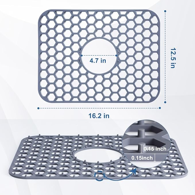 Bestjing Silicone Sink Protectors for Kitchen Sink -12" 13" 16" 18" 19" 24" 26" 28" 30", Non-Slip Heat Resistant Mat for Bottom of Farmhouse Porcelain Stainless Steel (16.2"x12.5" Center Drain, Gray)