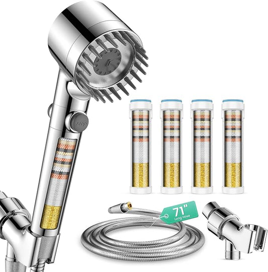 Filtered Shower Head with Handheld 4PCS Filters ShowerHead | 4 Spray, High Pressure Shower Heads with ON/OFF Button, Water Softener for Hard Water, 70" Hose, Remove Chlorine
