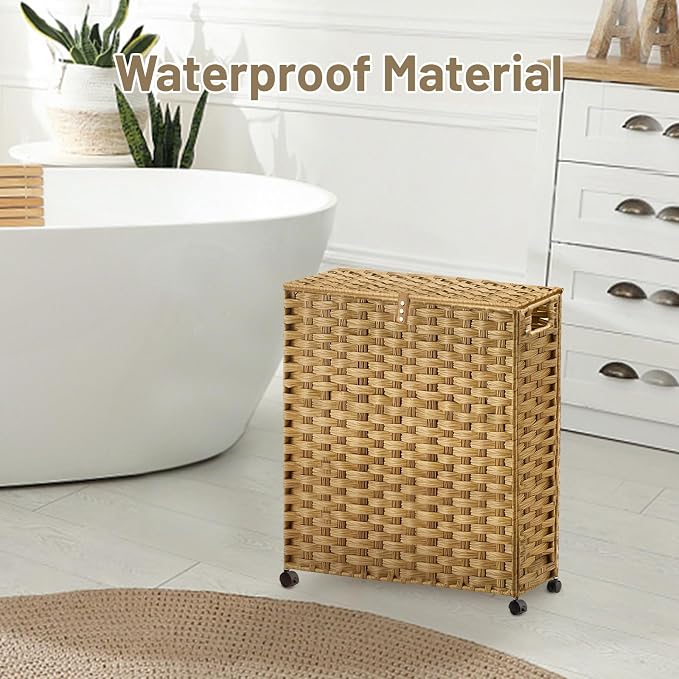Hiagnete Toilet Paper Storage Basket with Lid and Wheels, Rattan Toilet Paper Holder Storage, Toilet Paper Organizer for Bathroom, Bedroom, Kitchen, 19.7”L x 7.9”W x 24.62”H, Natural