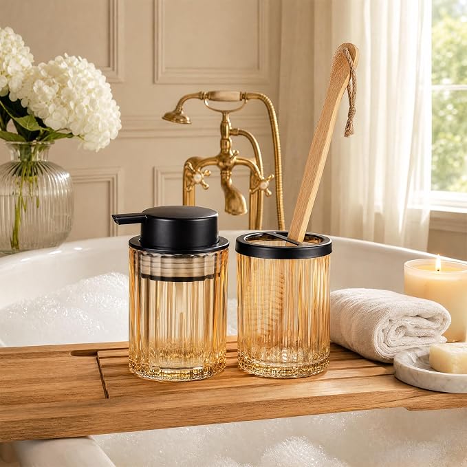 Amolliar Glass Toothbrush Holder Bathroom Tumbler Toothpaste Storage(Amber) | Bathroom Tumbler and Mouthwash Cup with 2 Compartment Organizer Divider, Toothbrush and Toothpaste Organizer for Countertop