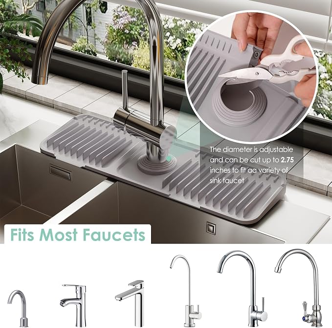17.7-Inch Silicone Faucet Mat for Kitchen Sink Splash Guard, 7° Slope | 17.7"x5.5" water draining mat with fasten button; 1.6-2.75" customizable hole for bathroom, RV & kitchen sink drip catcher.