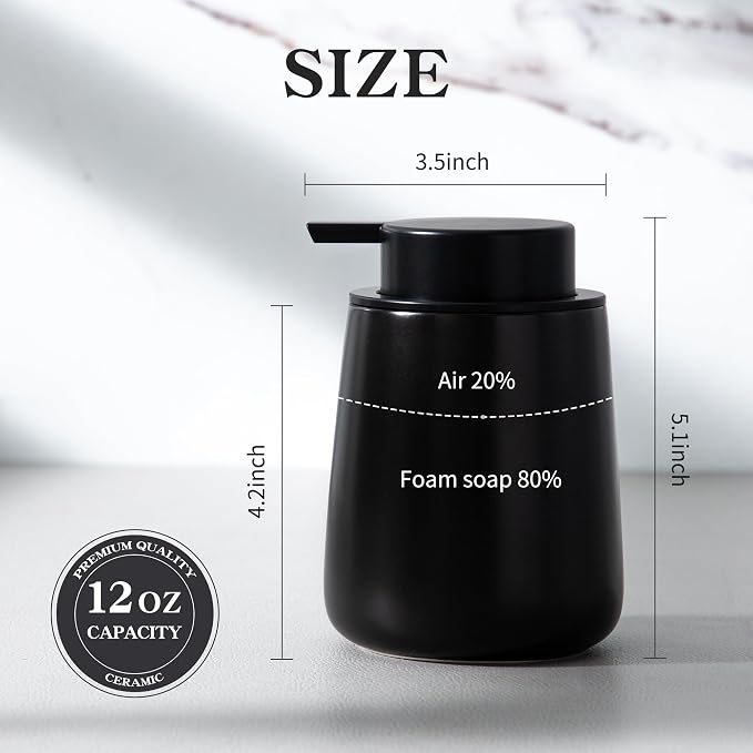 Enra Black Foaming Soap Dispenser, Ceramic Foam Soap Dispenser Bathroom | 12oz Refillable Design With Easy-Press Pump.Sleek Finish Adds Style to Sinks,Countertops Kitchens and Modern Interiors.