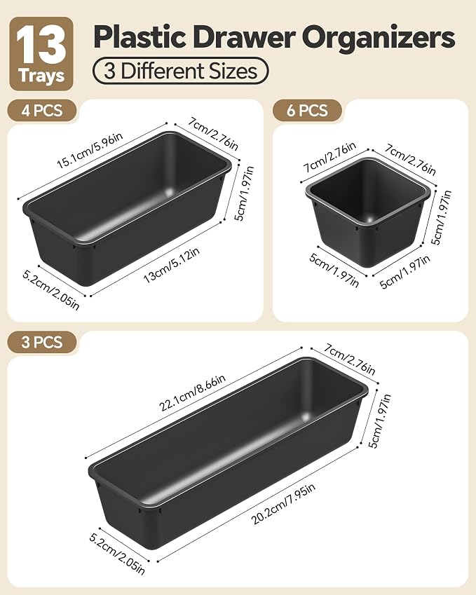 Canfanni 13 Pack Plastic Drawer Organizers Set, 3 Sizes Desk Drawer Organizer Trays for Vanity and Makeup Organizer, Organization and Storage for Makeup, Kitchen Utensils, Bathroom and Office(Black)