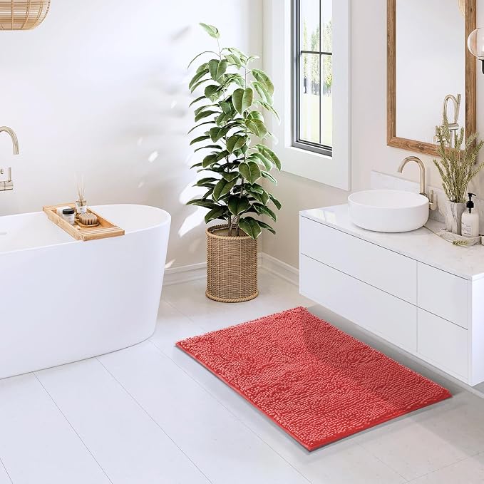 Hearth & Harbor Bathroom Rugs, Chenille Bath Mat - Machine Washable Bath Mats for Bathroom Non-Slip Backing Rubber, Quick Dry Bathroom Mat - Rose Bath Rug, 20x32