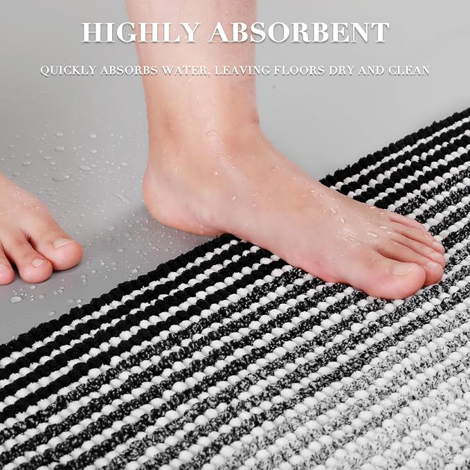 Bathroom Rugs and Mats Sets, 2 Piece Thick Absorbent Chenille Bath Mat Rug Set Non Slip, Soft Shaggy Bath Room Floor Mats for Bathroom, Machine Washable (Black, 20" x 60" Plus 20" x 32")