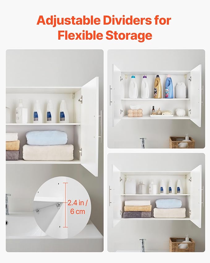 VEVOR Laundry Room Wall Cabinet, 2-Tier Wall Mounted Hanging Cabinet with Adjustable Shelf, 36 in Cupboard Storage with 2 Doors, for Kitchen, Bathroom, Laundry, 16 x 36 x 24 in (D x W x H), White