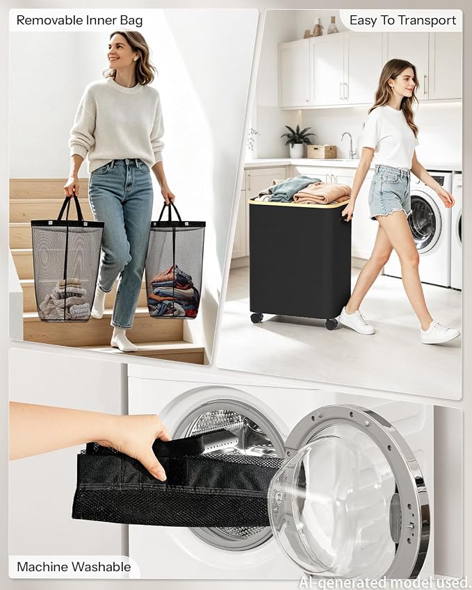 Double Laundry Basket with Wheels and Lid, 150L Clothes Hampers for Laundry | Large Laundry Hamper with 2 Sections & Removable Liner Bags, Rolling Dirty Clothes Basket for Bedroom Bathroom Dorm College