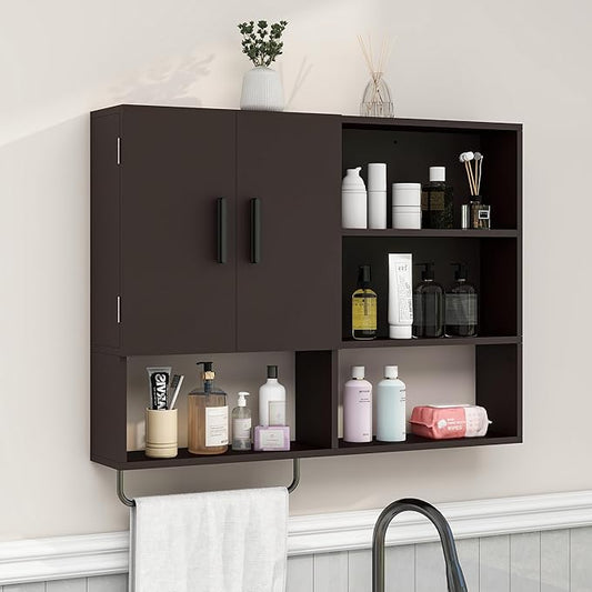 Bathroom Wall Cabinet, Medicine Cabinet with Towel Bar & 2 Doors, Espresso
