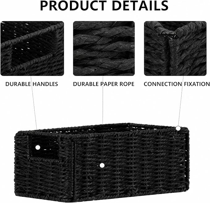 6 Pcs Small Wicker Baskets, Wicker Woven Storage Basket with Handle | Toilet Paper Baskets Towel Basket Foldable Cube Storage Organizer Bins for Shelves, Black