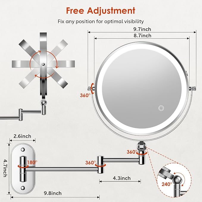 ZLOKLA 9" Wall Mounted Lighted Makeup Mirror,4000mAh Rechargeable Double Sided 1X/20X Magnifying Mirror with Light,Touch Dimmable,Extended Arm 360 Rotation Wall Mounted Makeup Mirror 3 Color Lights